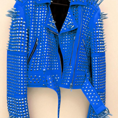 Crafted leather new classic awesome handmade women's blue color studded brando metal spiked leather round studs jacket - Thumbnail 3