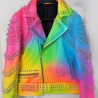 Crafted Leather Women Rainbow Silver Studded Punk Rock Gothic Jacket  - Thumbnail 1