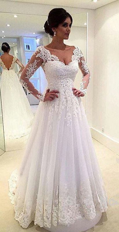 long sleeve v back wedding dress