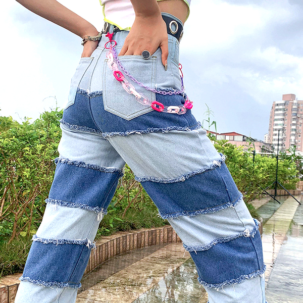 Free Shipping-CONTRAST PANEL FRAYED HEM JEANS
