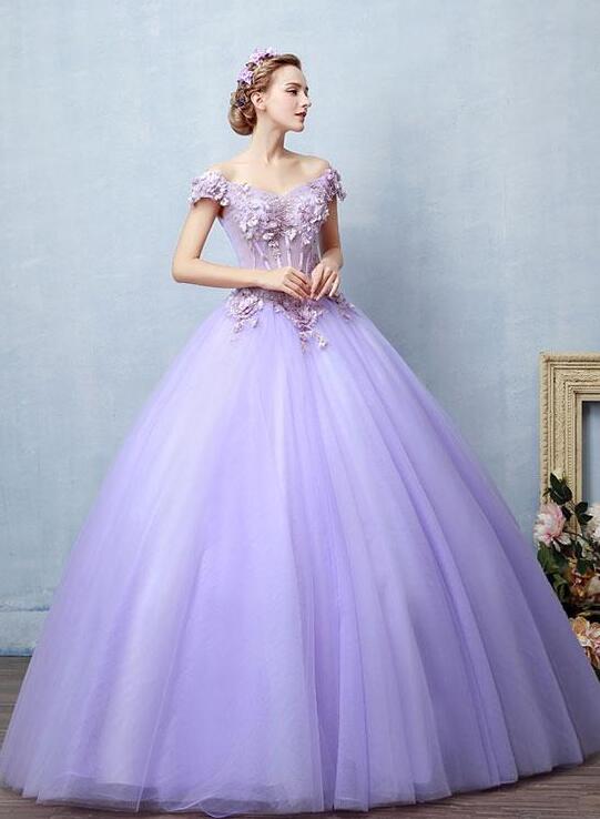 Light purple ball gown tulle lace long prom dresses