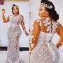 Fashion Plus Size Mermaid Lace Wedding Dresses Sheer Bateau Neck Long Sleeves Beaded Bridal Gown,1567-1