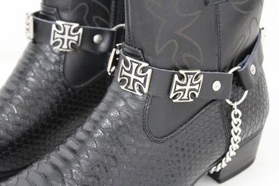 Biker Men Boot Pair Faux Leather 2 Straps Motorcycle Bracelet Band Cross Charms