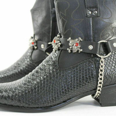 Biker men shoe rider boots pair leather straps silver metal skulls gothic pirate
