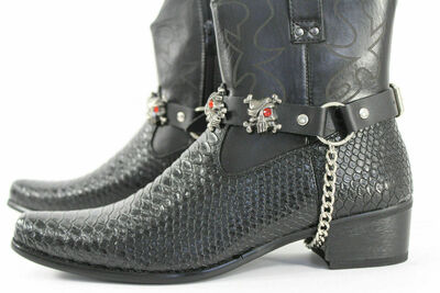 Biker Men Shoe Rider Boots Pair Leather Straps Silver Metal Skulls Gothic Pirate