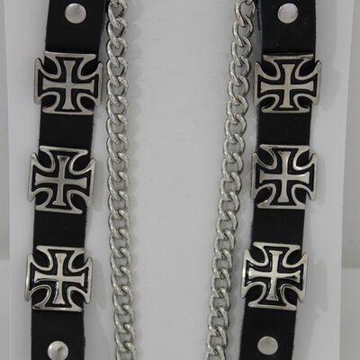 Biker men western boot silver chain leather 2 straps bracelet iron cross charms