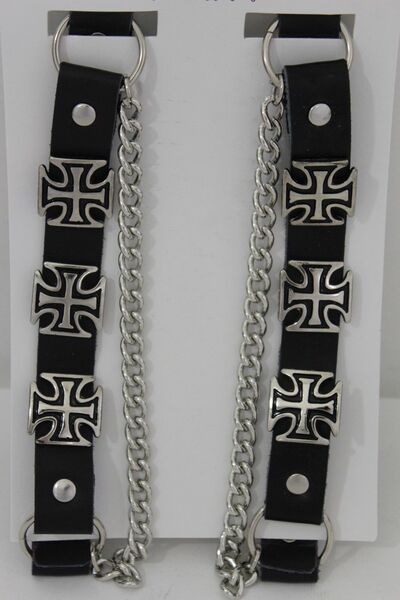 Biker Men Western Boot Silver Chain Leather 2 Straps Bracelet Iron Cross Charms