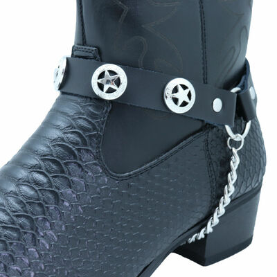 Biker men western boot silver metal chain black 2 straps texas lone star charms