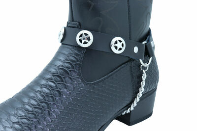 Biker Men Western Boot Silver Metal Chain Black 2 Straps Texas Lone Star Charms
