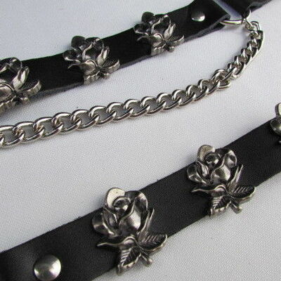 Biker western boot silver chain pair black faux leather straps rose flower