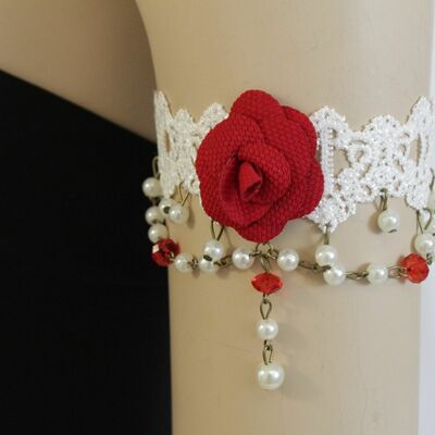 Rock women upper arm high white lace bracelet gold metal chains red flower charm