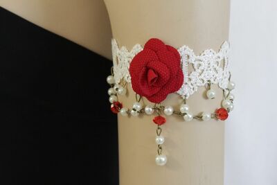 Rock Women Upper Arm High White Lace Bracelet Gold Metal Chains Red Flower Charm