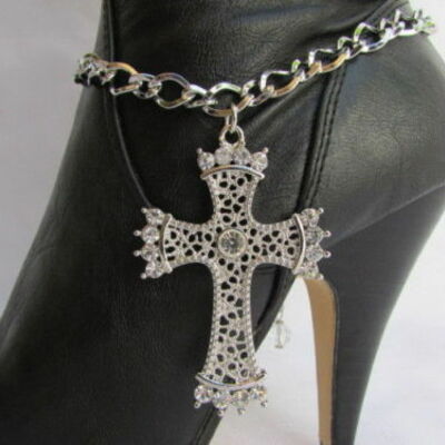 Bling women silver boot rodeo chain religious cross western shoe charm
