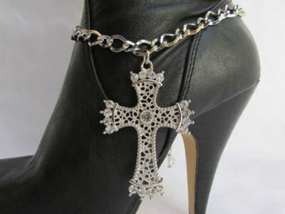 Bling Women Silver Boot Rodeo Chain Religious Cross Western Shoe Charm