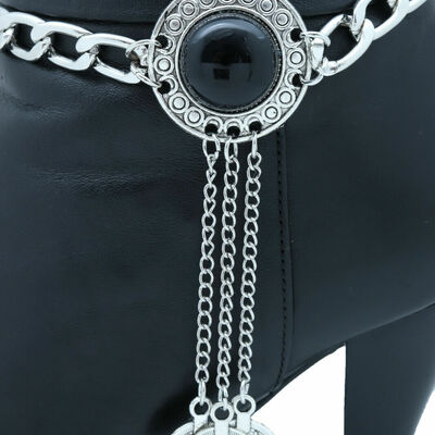 Boho women silver chain boot bracelet shoe black bead long dangle coin charm