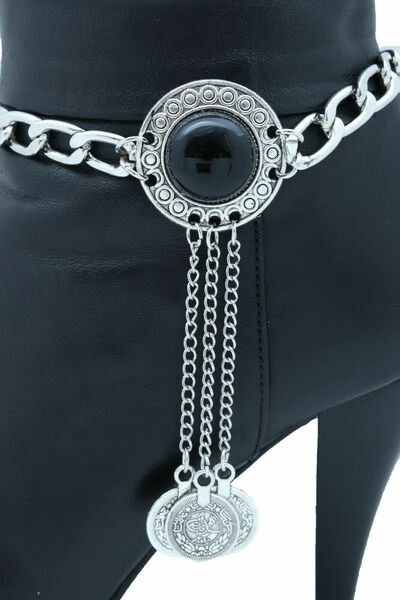 Boho Women Silver Chain Boot Bracelet Shoe Black Bead Long Dangle Coin Charm