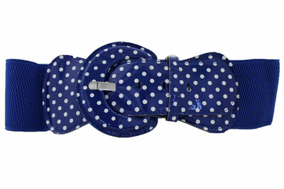 Women Blue Cinch Fabric White Polka Dot Print Fashion Belt Hip Waist M L XL