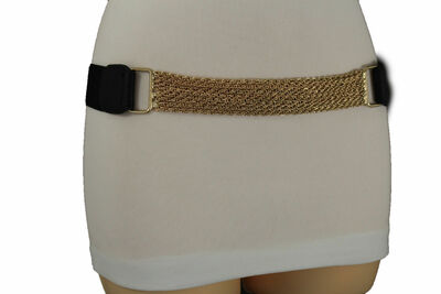 Women Black Faux Leather Dressy Belt Bling Gold Meal Chain Buckle Size S M