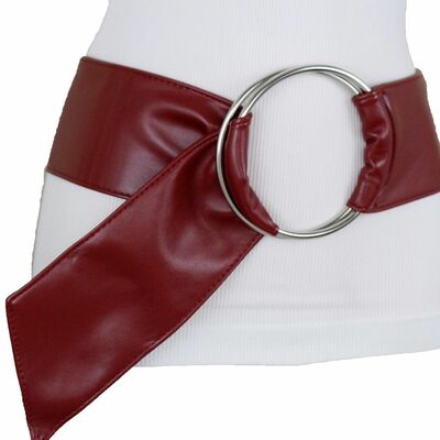 Women dark red wine burgundy wide fabric band belt silver ring buckle s m l