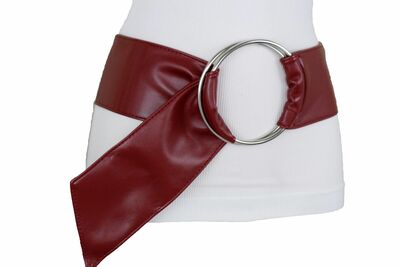 Women Dark Red Wine Burgundy Wide Fabric Band Belt Silver Ring Buckle S M L