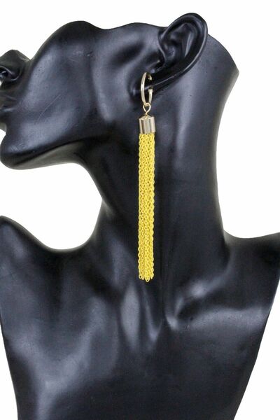 Women Fashion Jewelry Bling Earrings Yellow Metal Chain Long Fringes Tassel