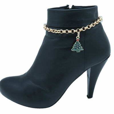 Women gold metal boot chain bracelet shoe anklet christmas green tree charm