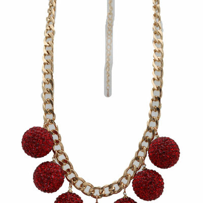Women gold metal chain statement look jewelry necklace red disco ball charm