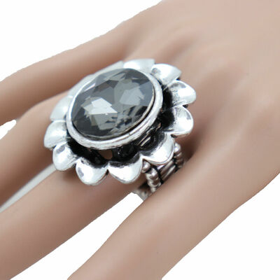Women silver metal flower fashion ring jewelry adjustable elastic band size