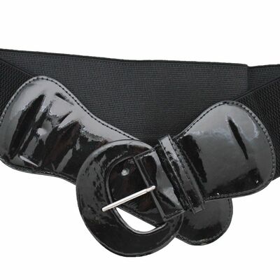 Women waist hip elastic faux patent leather fashion belt shiny black xs s m