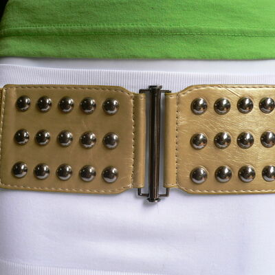 Women metallic gold faux leather wide elastic fashion belt studs size m l