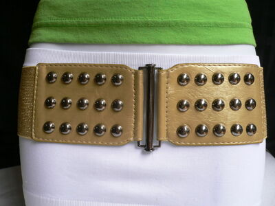 Women METALLIC GOLD FAUX LEATHER WIDE ELASTIC FASHION BELT STUDS SIZE M L