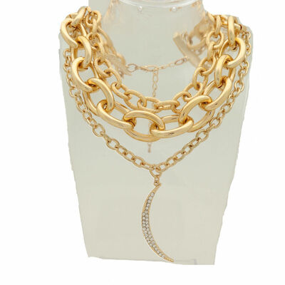 Women adorable fashion gold metal chain strand bib short necklace moon charm