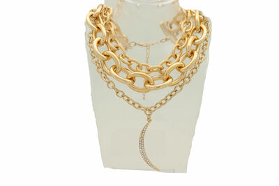 Women Adorable Fashion Gold Metal Chain Strand Bib Short Necklace Moon Charm