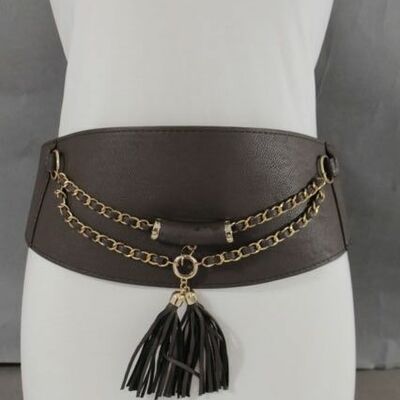 Women belt elastic brown wide corset hip waist gold chains fringe tassel s m