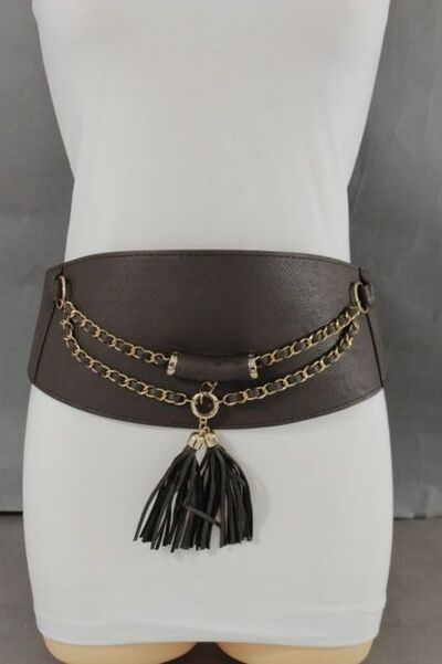 Women Belt Elastic Brown Wide Corset Hip Waist Gold Chains Fringe Tassel S M