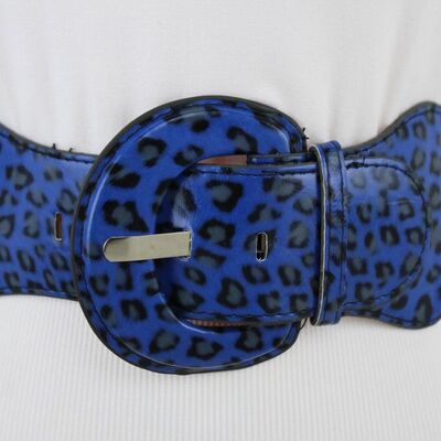 Women blue elastic fabric wide belt leopard animal print panther size m l xl