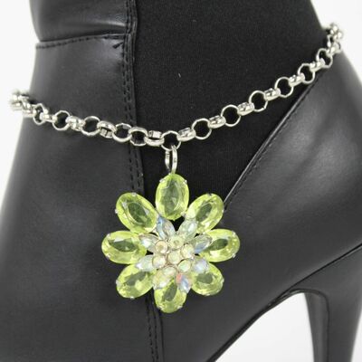 Women boot bracelet silver metal chain shoe charm bling green flower jewelry