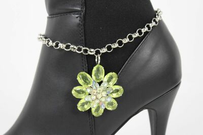 Women Boot Bracelet Silver Metal Chain Shoe Charm Bling Green Flower Jewelry