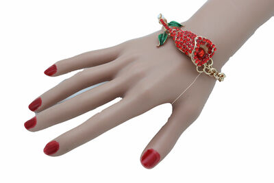 Women Bracelet Fashion Gold Metal Chain Red Bling Flower Charm Western Night