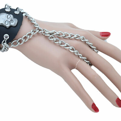 Women bracelet silver metal hand chain skull charm biker casual day wear s&m