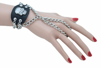 Women Bracelet Silver Metal Hand Chain Skull Charm Biker Casual Day Wear S&M