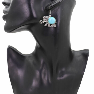 Women earrings silver metal elephant jewelry turquoise blue beads animal