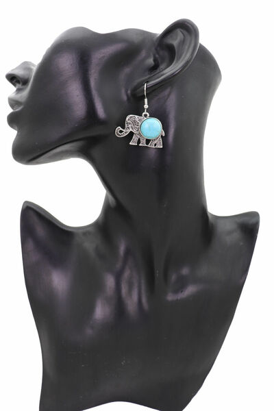 Women Earrings Silver Metal Elephant Jewelry Turquoise Blue Beads Animal