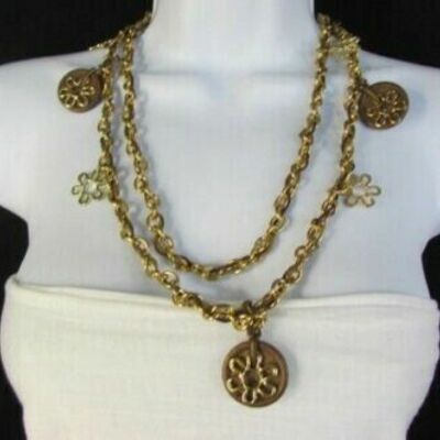 Women fashion jewelry bohemian gold metal flower charms necklace brown wood