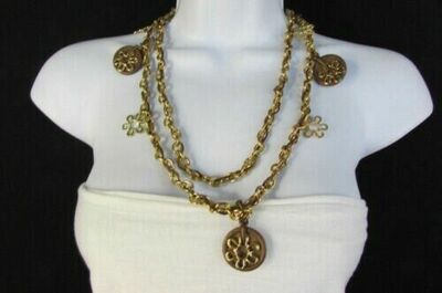Women Fashion Jewelry Bohemian Gold Metal Flower Charms Necklace Brown Wood