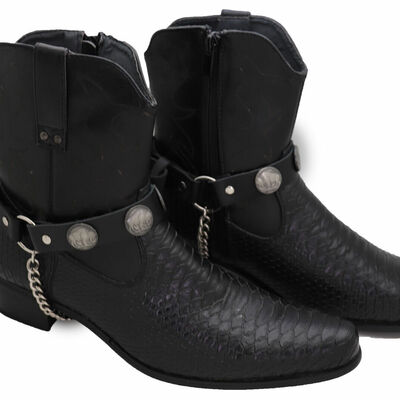 Western men boots bracelets silver chain black faux leather 2 strap buffalo bull