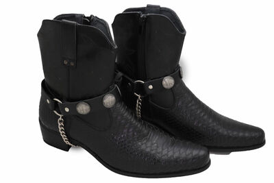 Western Men Boots Bracelets Silver Chain Black Faux Leather 2 Strap Buffalo Bull
