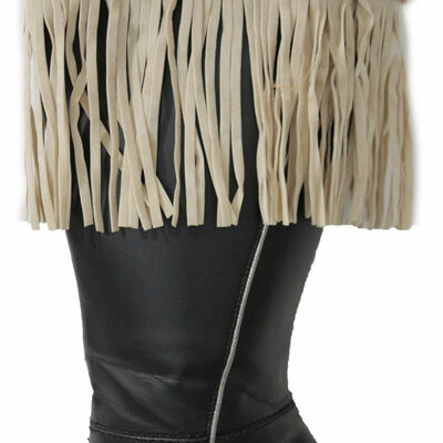 Western women winter boot toppers beige fabric long fringe knee high white cross