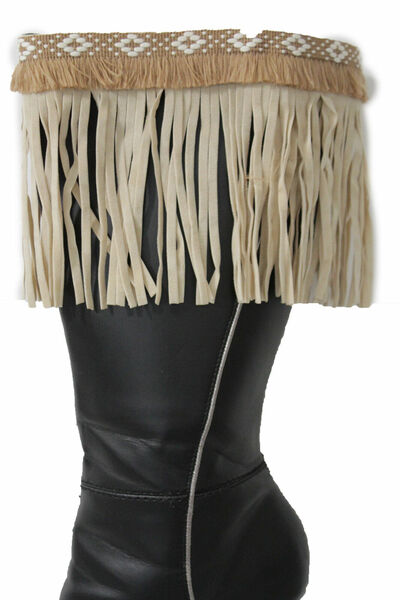 Western Women Winter Boot Toppers Beige Fabric Long Fringe Knee High White Cross