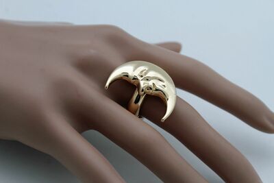 Women Gold Metal Ring Fashion Flashy Jewelry Crescent Half Moon Face Smiling